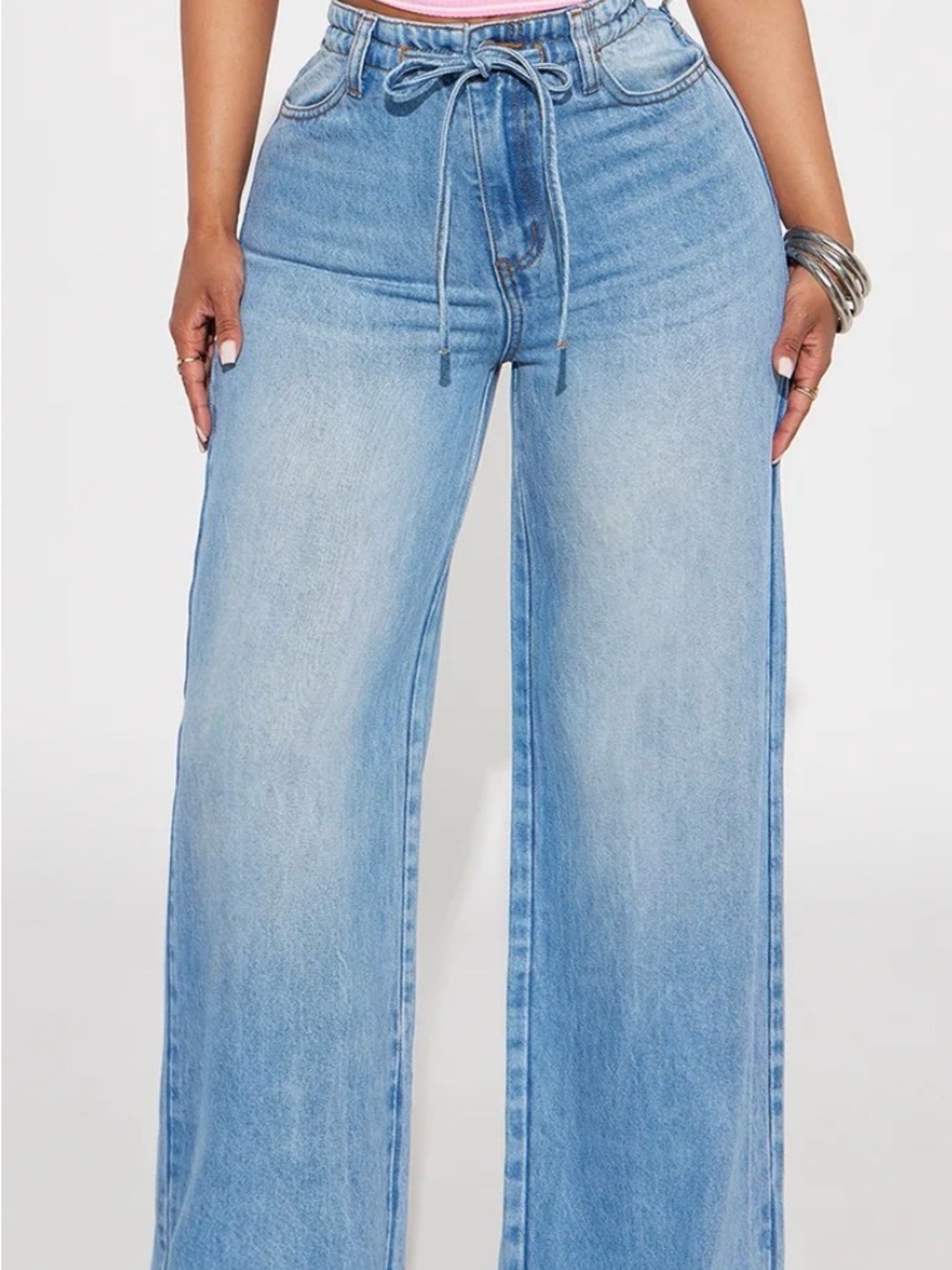 Fashion Nova Light Blue Wide Leg Tie-Waist Jeans